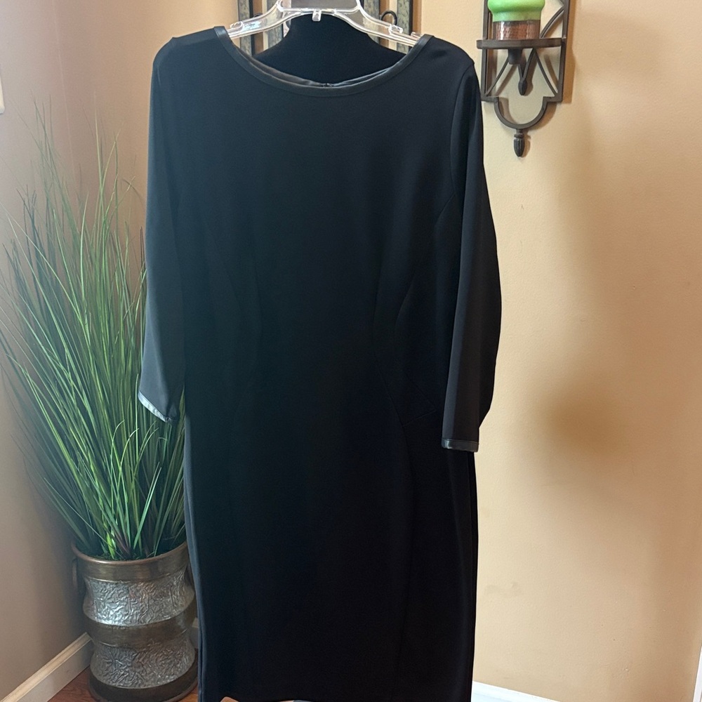 Ann Taylor Black Long-Sleeve Shift Dress with Leather-Trim